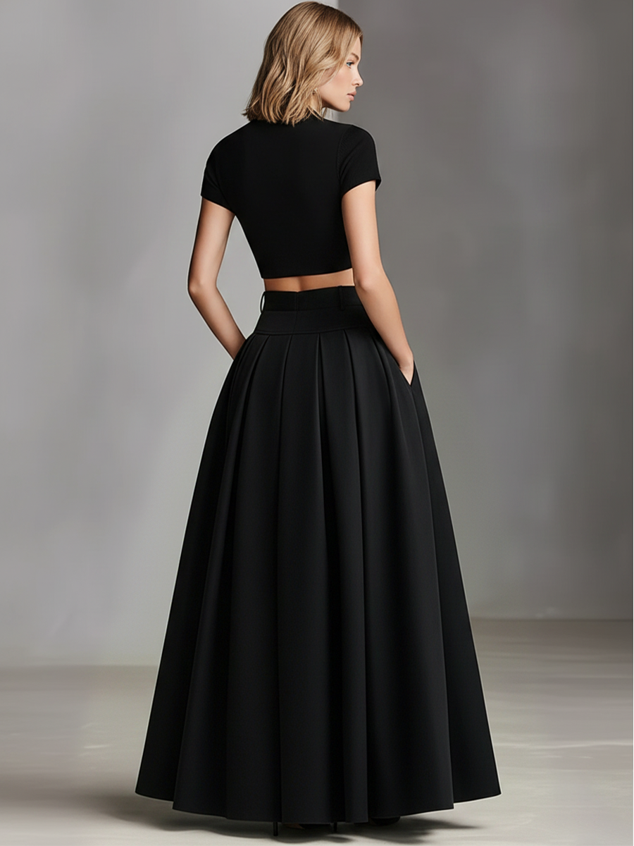 Women's Black Stretch-Knit & Woven Set With Cropped Top & Maxi Dress, Timeless Sleek-Chic Style Set (without Belt) MDZ1412A1I