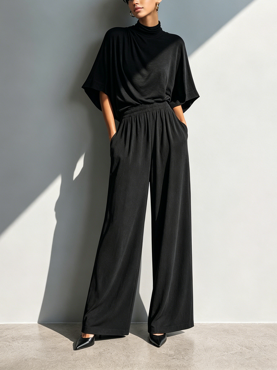 Women's Minimalist Cotton-Blend Set: Half-Sleeve Cowl-Neck Top & Wide-Leg Trousers MDZ2965E3ZJW