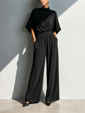 Women's Minimalist Cotton-Blend Set: Half-Sleeve Cowl-Neck Top & Wide-Leg Trousers MDZ2965E3ZJW