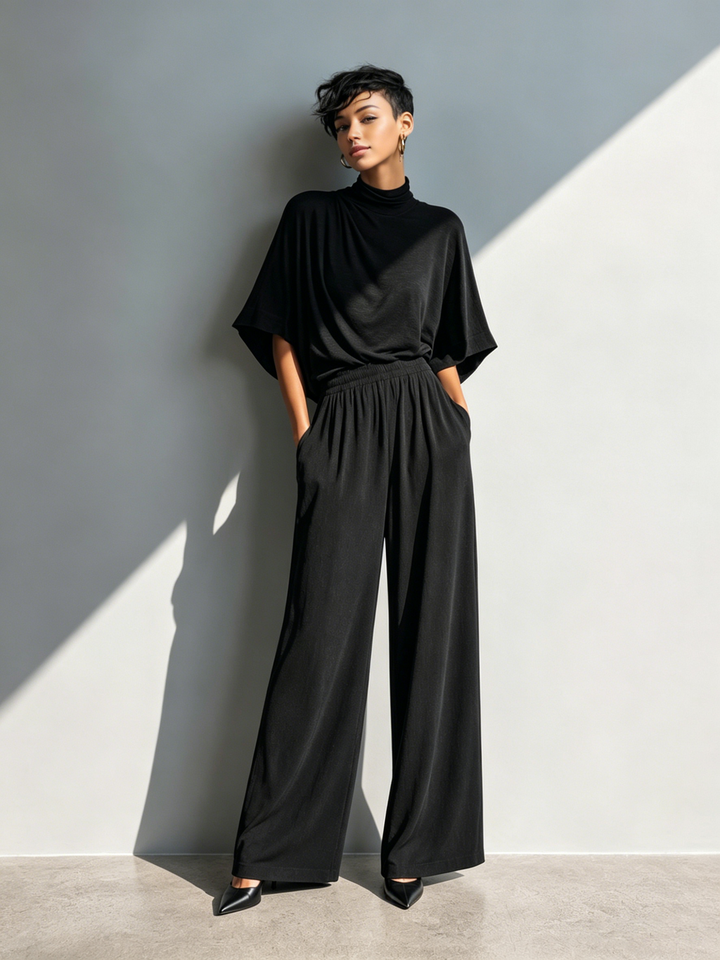 Women's Minimalist Cotton-Blend Set: Half-Sleeve Cowl-Neck Top & Wide-Leg Trousers MDZ2965E3ZJW