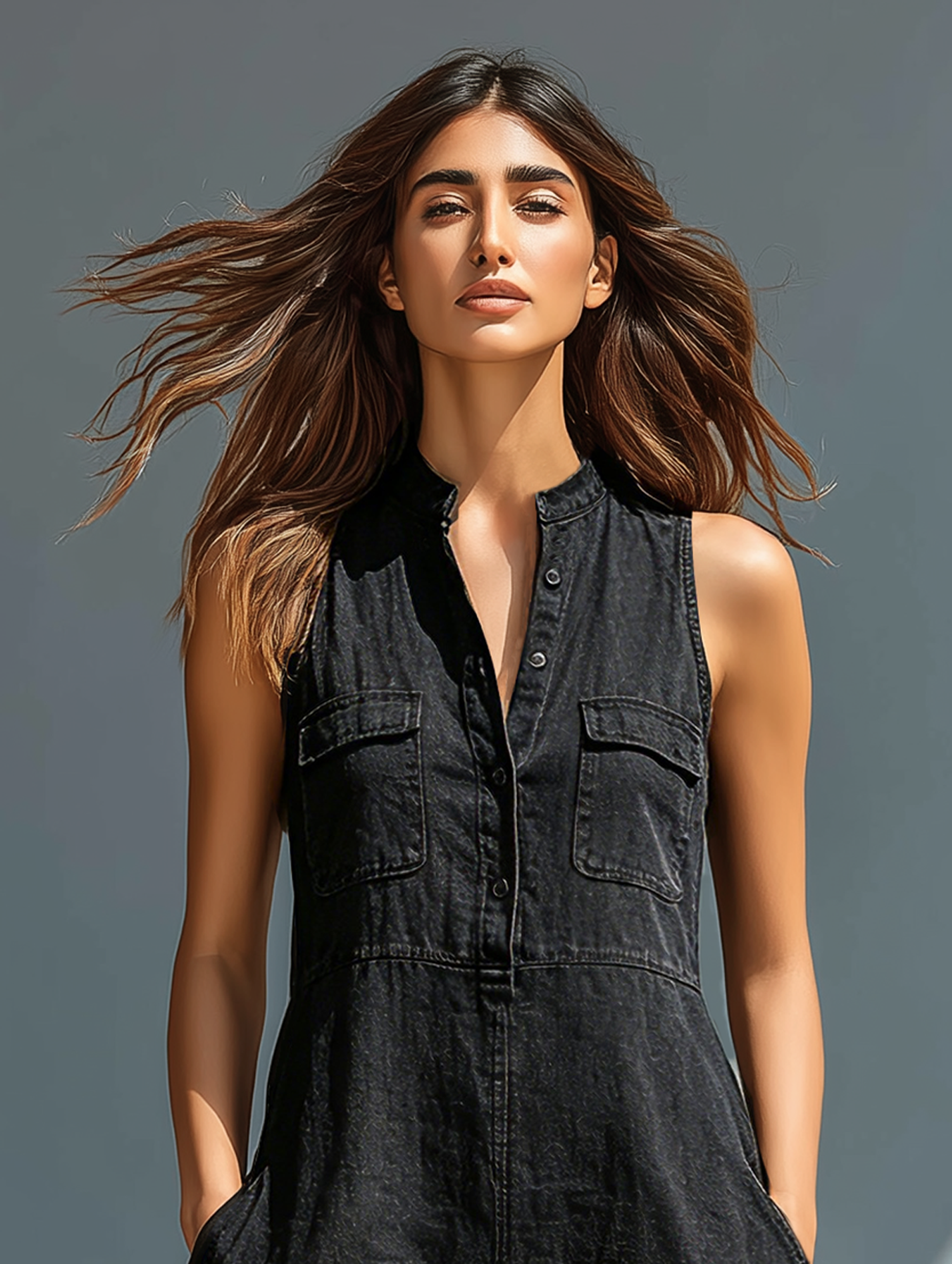 Women's Casual Washed Denim Sleeveless Henley Mini Dress MDZ2961E9Y