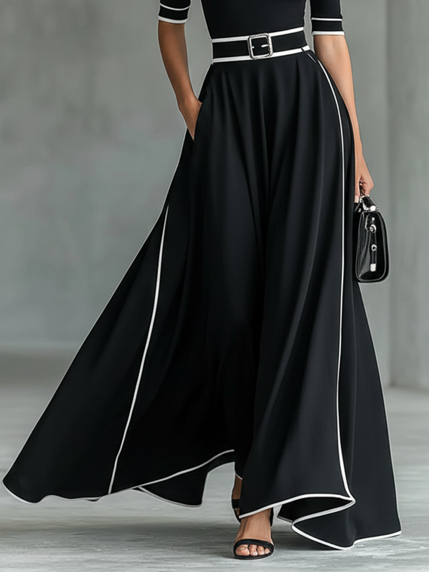 Women's Minimalist & Elegant White-Trimmed Off-the-Shoulder Top And Skirt Set MDZ2946E9Y
