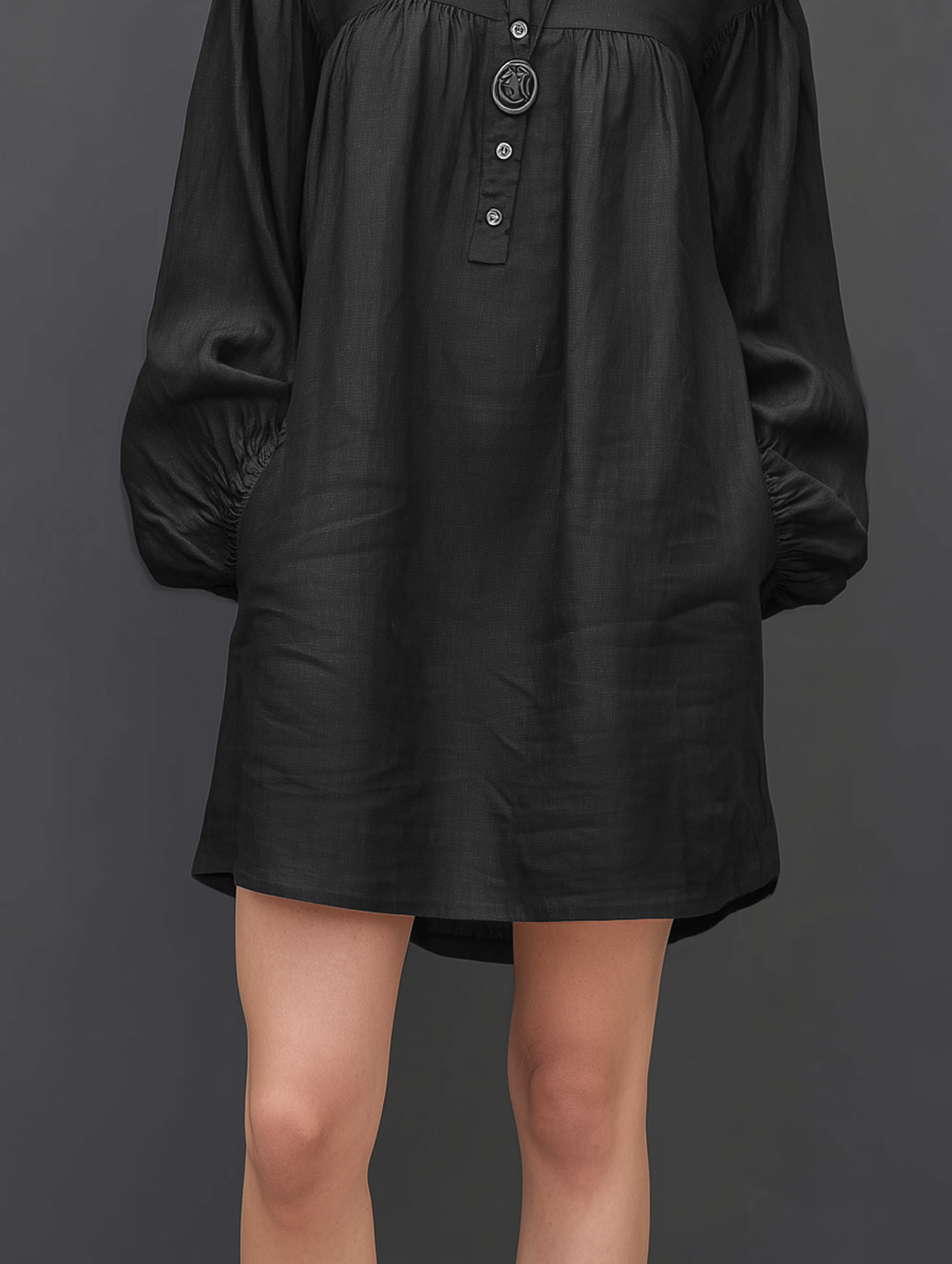 Women's Minimalist Linen-Blend Long-Sleeve Mini Dress With Asymmetrical Neckline MDZ0187F9Y