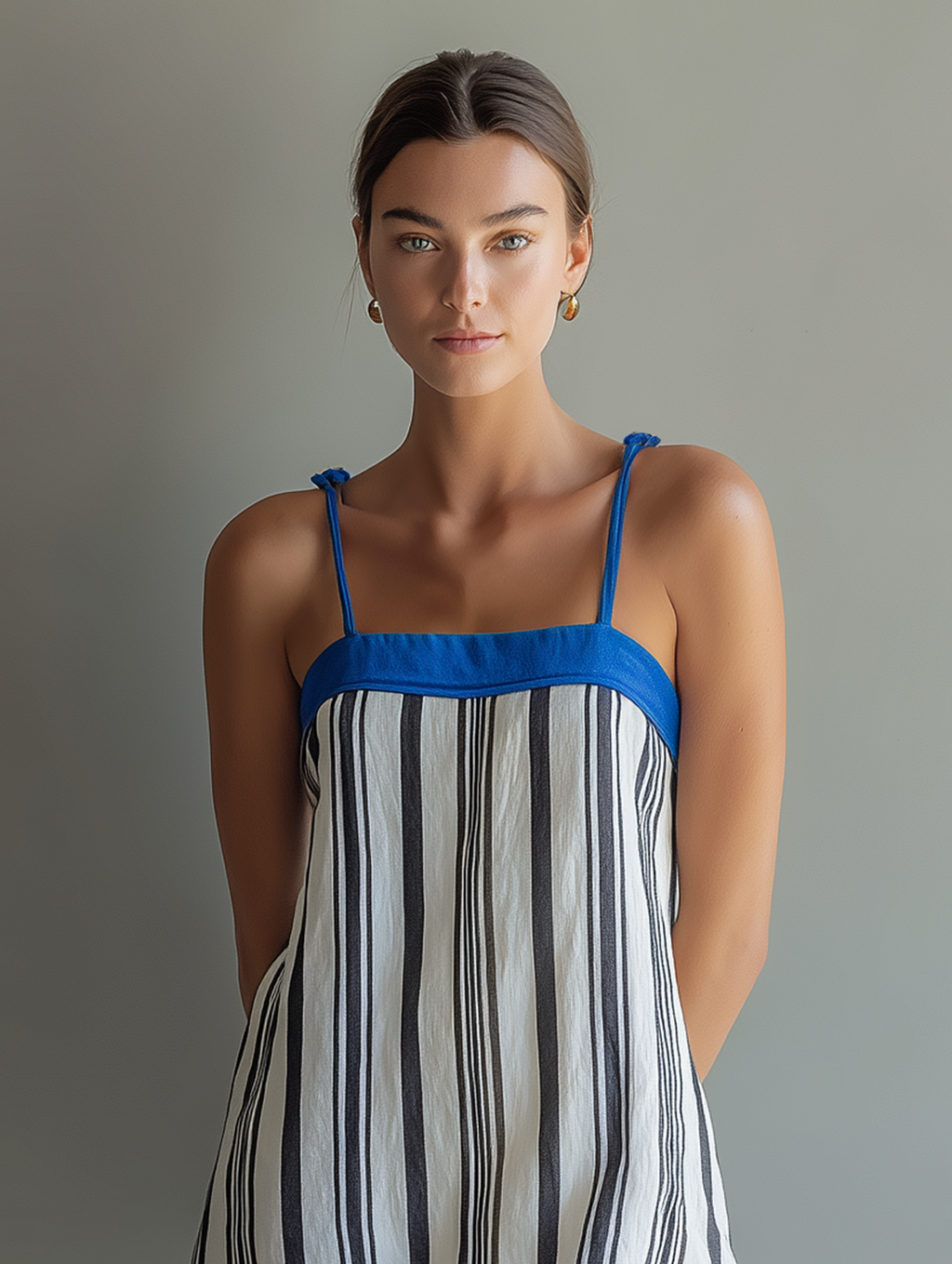Women's Minimalist Linen-Blend Striped Square-Neck Spaghetti Strap Mini Dress MDZ0104F0Y