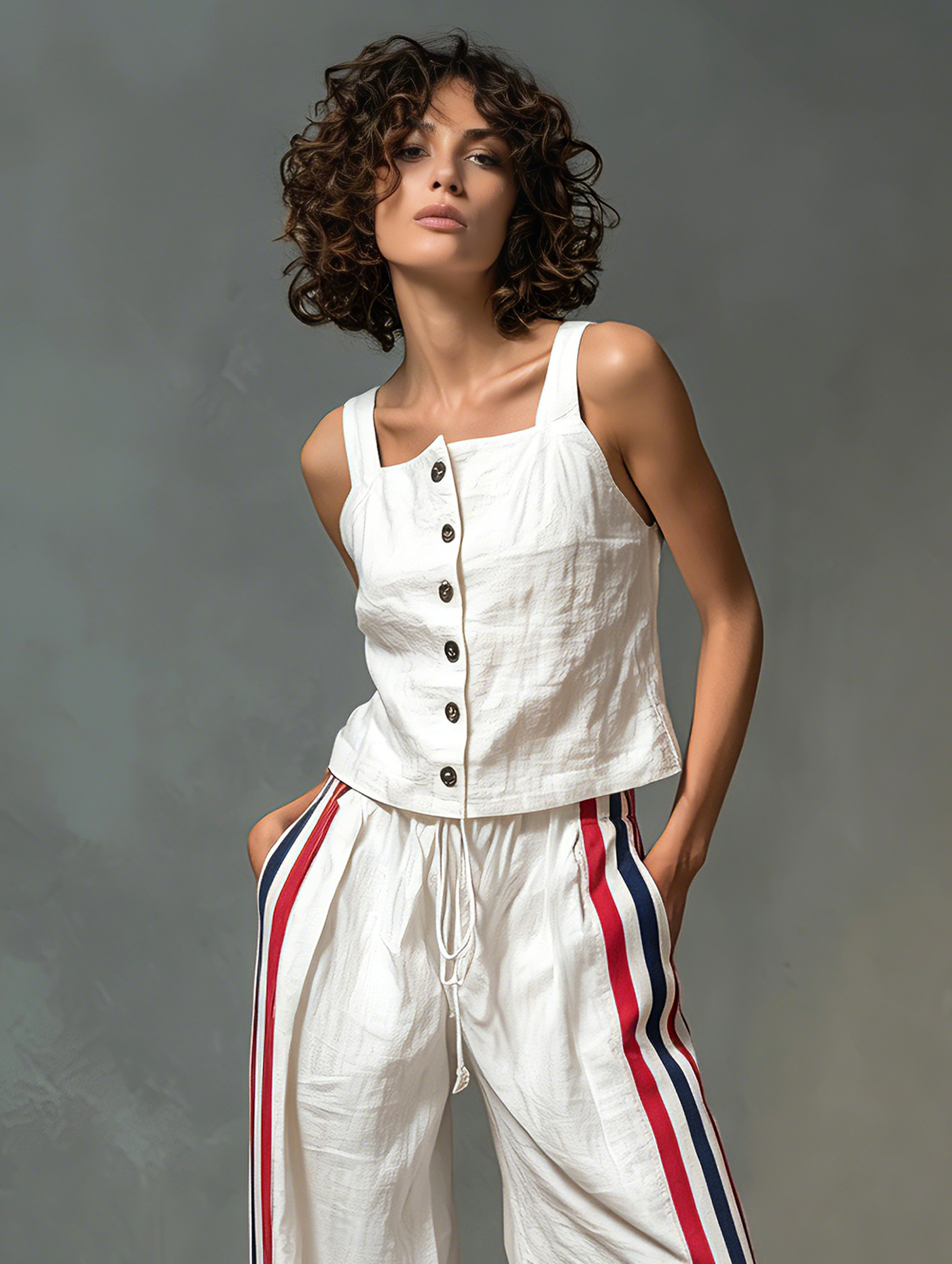 Women's Minimalist Linen-Blend Set: Single-Breasted Tank Top & Wide-Leg Pants MDZ0178F0Y