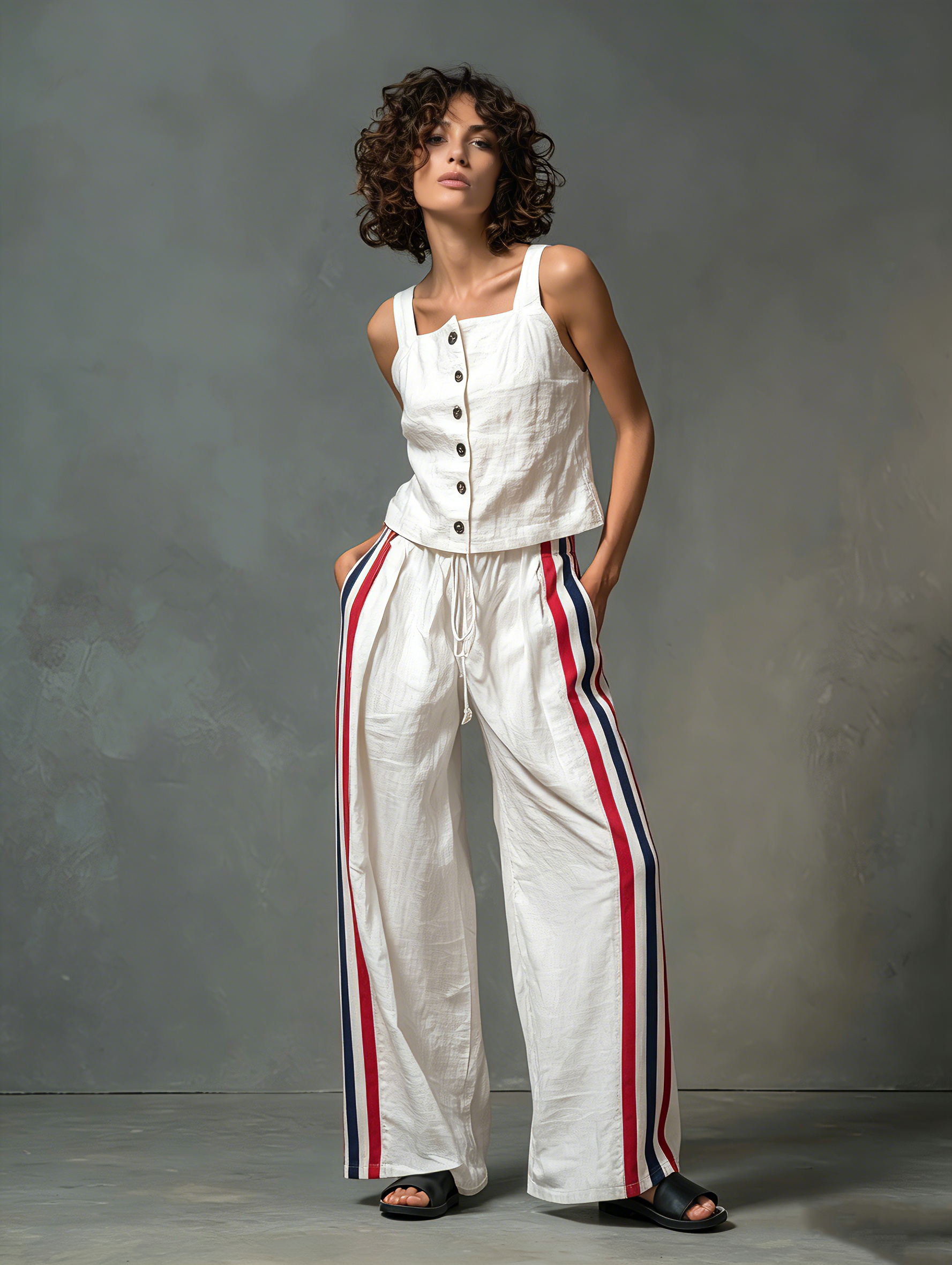 Women's Minimalist Linen-Blend Set: Single-Breasted Tank Top & Wide-Leg Pants MDZ0178F0Y