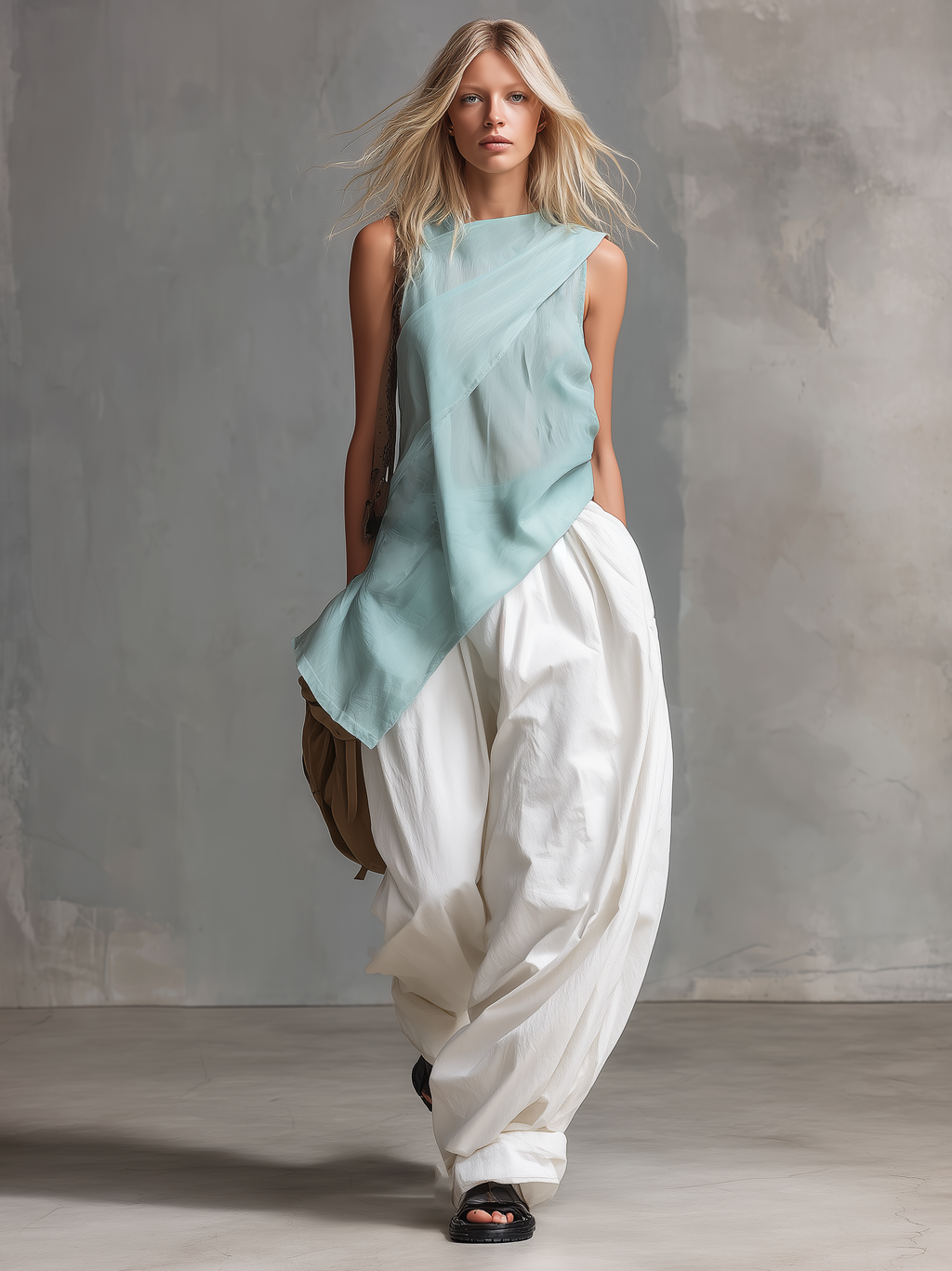 Women's Casual Mint Green Chiffon Sleeveless Top And Woven White Trousers Set MDZ0192F1LXY
