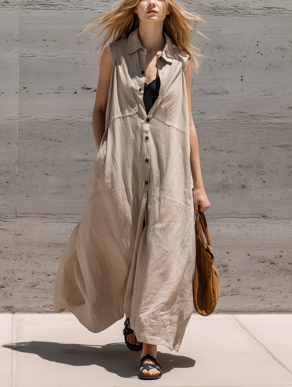 Women's Casual Khaki Cotton-Linen Sleeveless Loose Shirt Dress MDZ0131F5LXY