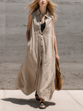 Women's Casual Khaki Cotton-Linen Sleeveless Loose Shirt Dress MDZ0131F5LXY