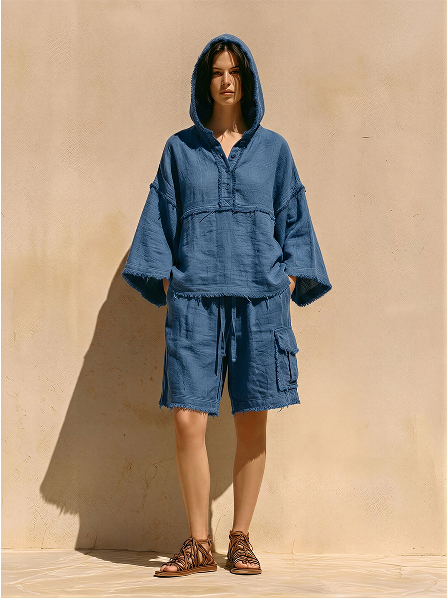 Women's Navy Blue Cotton-Blend Two-Piece Set With Frayed Trim Hooded Top & Cargo Shorts, Casual Bohemian Summer Outfit MDZ0253F2LYL