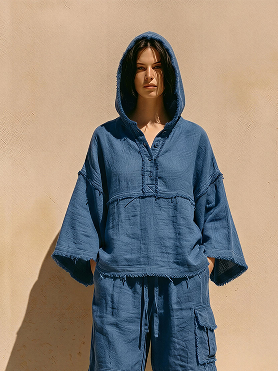 Women's Navy Blue Cotton-Blend Two-Piece Set With Frayed Trim Hooded Top & Cargo Shorts, Casual Bohemian Summer Outfit MDZ0253F2LYL