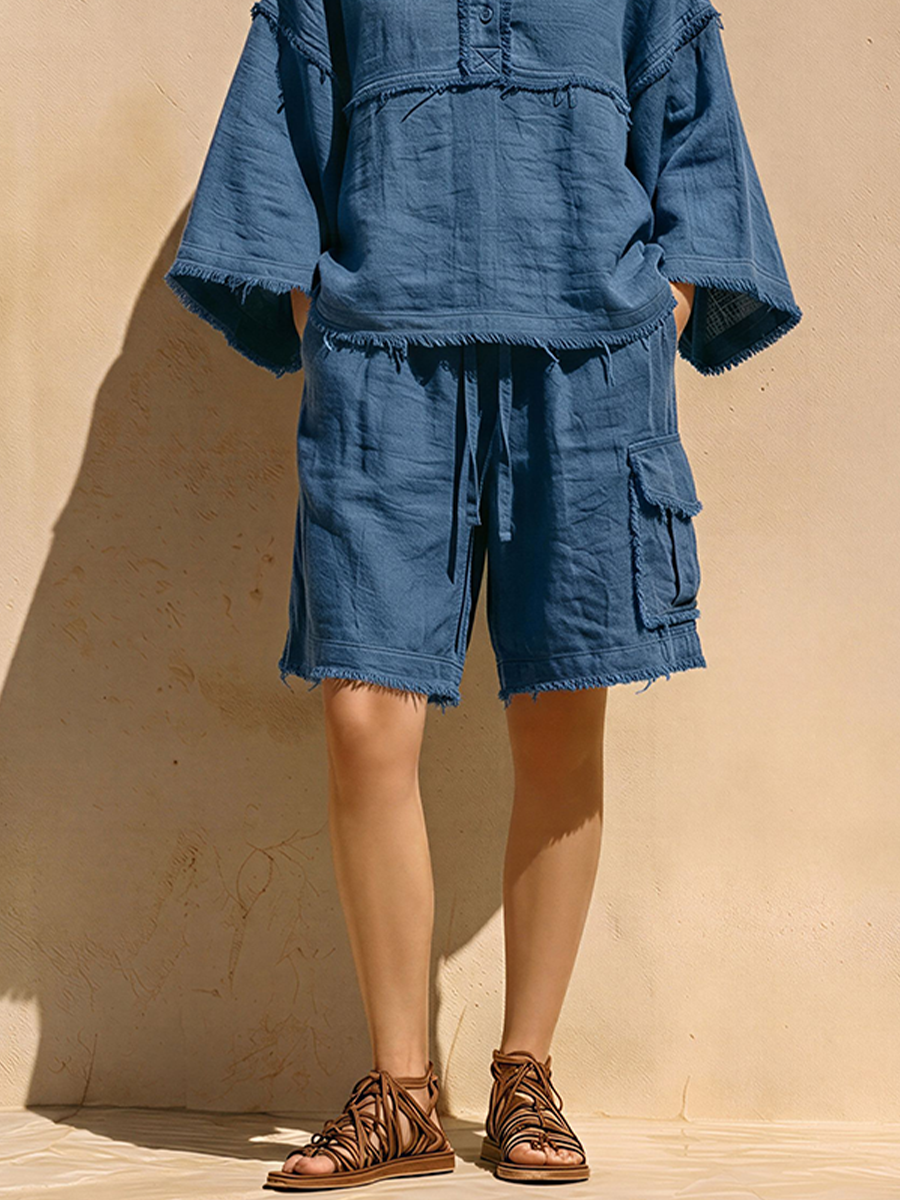 Women's Navy Blue Cotton-Blend Two-Piece Set With Frayed Trim Hooded Top & Cargo Shorts, Casual Bohemian Summer Outfit MDZ0253F2LYL