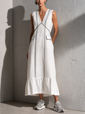 Women's Cotton-Linen Sleeveless V-Neck Maxi Dress With Decorative Stitching And Ruffles MDZ0285F9ZJW