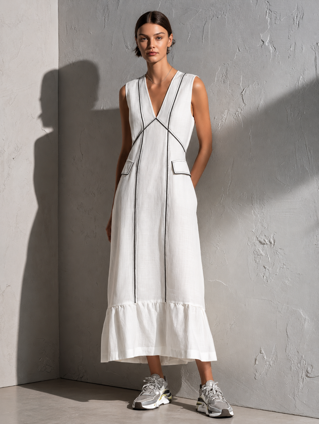 Women's Cotton-Linen Sleeveless V-Neck Maxi Dress With Decorative Stitching And Ruffles MDZ0285F9ZJW