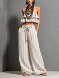 Women's Cotton-Linen Striped Set: Double-Tiered Ruffle Bandeau Top And Drawstring Wide-Leg Pants MDZ0200F6ZJW