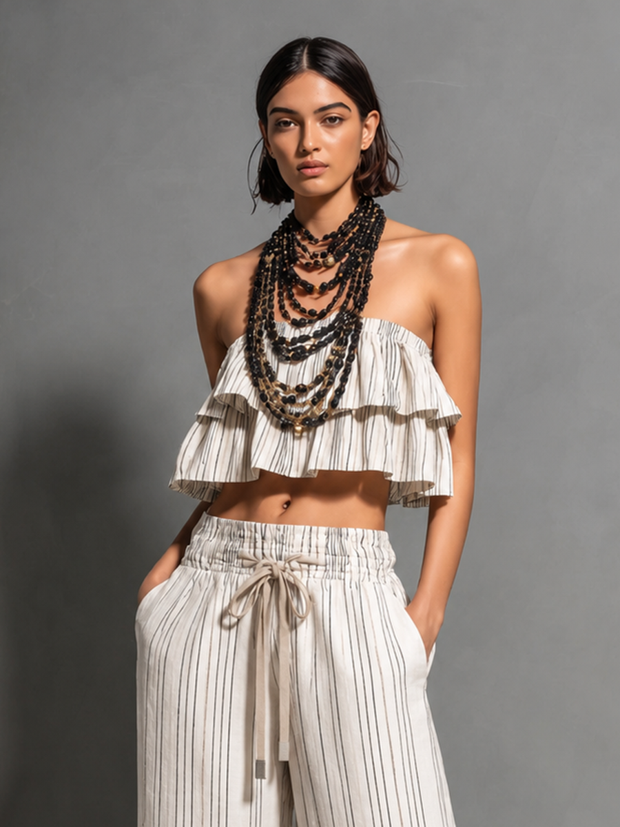 Women's Cotton-Linen Striped Set: Double-Tiered Ruffle Bandeau Top And Drawstring Wide-Leg Pants MDZ0200F6ZJW