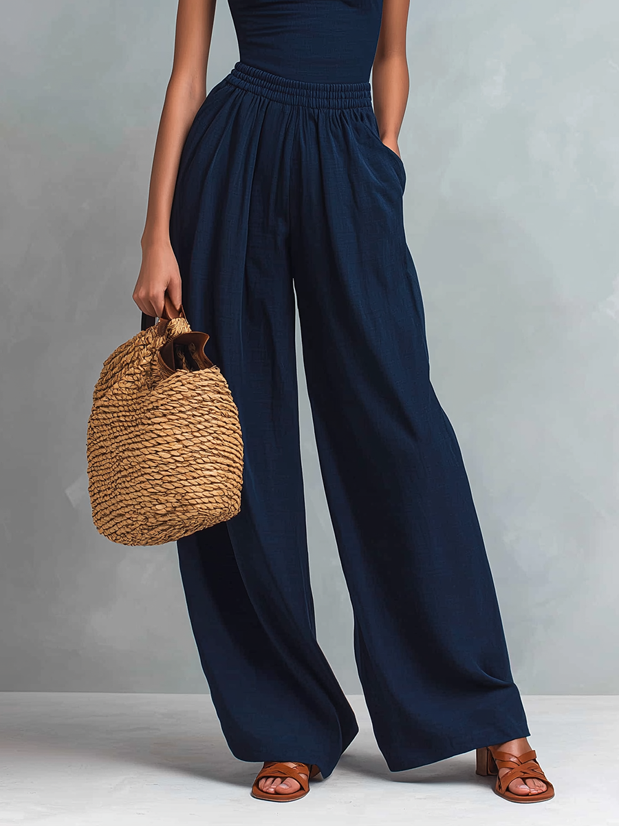 Women's Cotton-Blend Sleeveless High-Neck Slim-Fit Wide-Leg Jumpsuit In Dark Blue MDZ0270F1ZJW