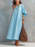 Women's Minimalist Cotton-Linen Loose-Fit One-Shoulder Short-Sleeve Maxi Dress MDZ0243F1ZJW