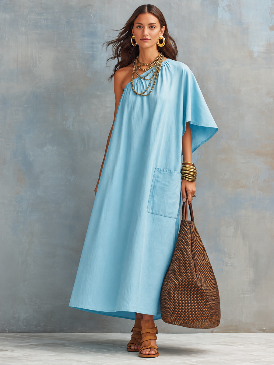 Women's Minimalist Cotton-Linen Loose-Fit One-Shoulder Short-Sleeve Maxi Dress MDZ0243F1ZJW