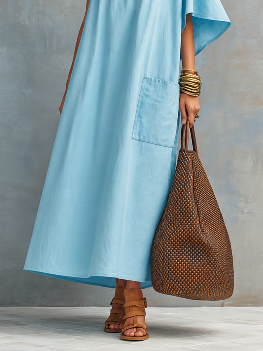 Women's Minimalist Cotton-Linen Loose-Fit One-Shoulder Short-Sleeve Maxi Dress MDZ0243F1ZJW