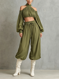 Women's Cotton-Linen Green High-Neck, Cold-Shoulder, Long-Sleeve Crop Top And Cropped Harem Pants Set MDZ0369F9ZJW