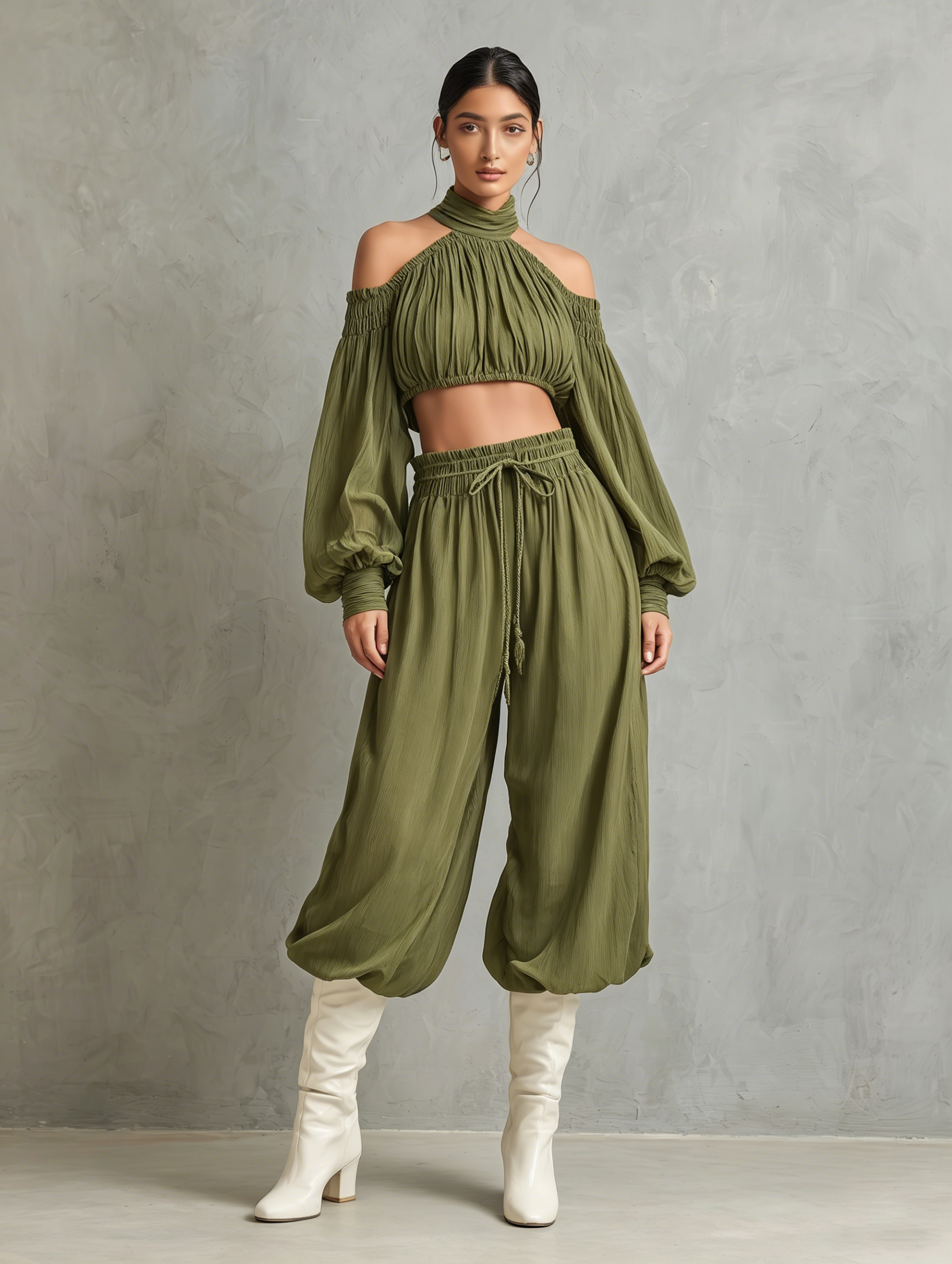 Women's Cotton-Linen Green High-Neck, Cold-Shoulder, Long-Sleeve Crop Top And Cropped Harem Pants Set MDZ0369F9ZJW