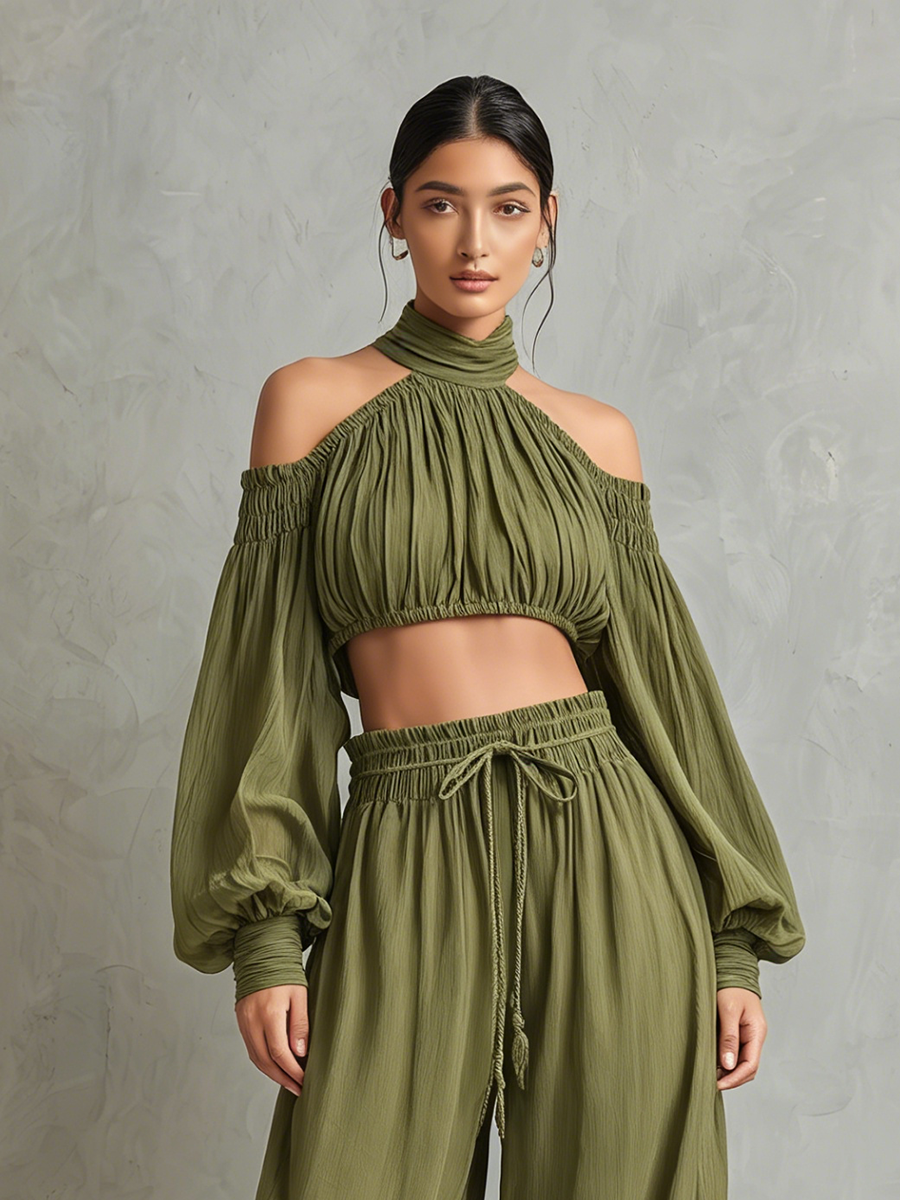 Women's Cotton-Linen Green High-Neck, Cold-Shoulder, Long-Sleeve Crop Top And Cropped Harem Pants Set MDZ0369F9ZJW