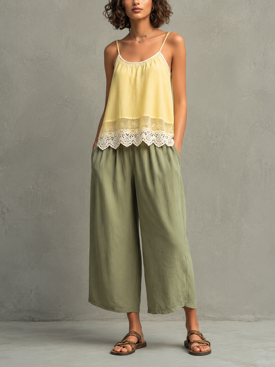 Women's Cotton-Linen Camisole Top With Lace Splicing & Cropped Wide-Leg Pants Set MDZ0390F0ZJW