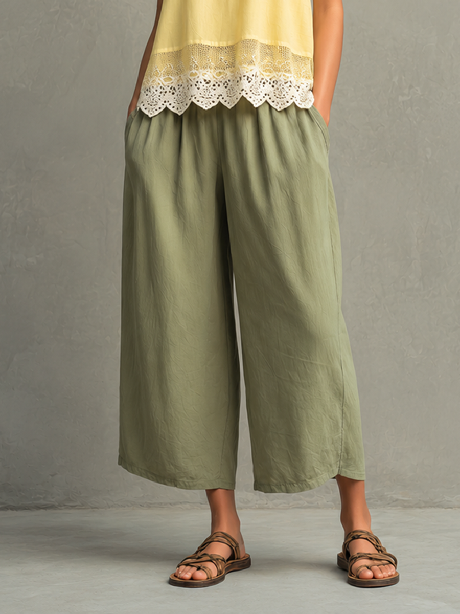 Women's Cotton-Linen Camisole Top With Lace Splicing & Cropped Wide-Leg Pants Set MDZ0390F0ZJW