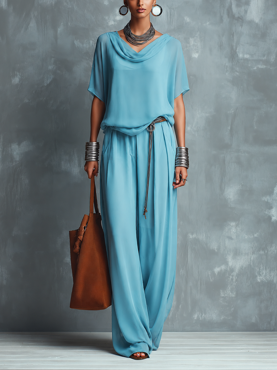 Women's Blue Chiffon Cowl-Neck Short-Sleeve Top And Wide-Leg Pants Set MDZ0317F0ZJW