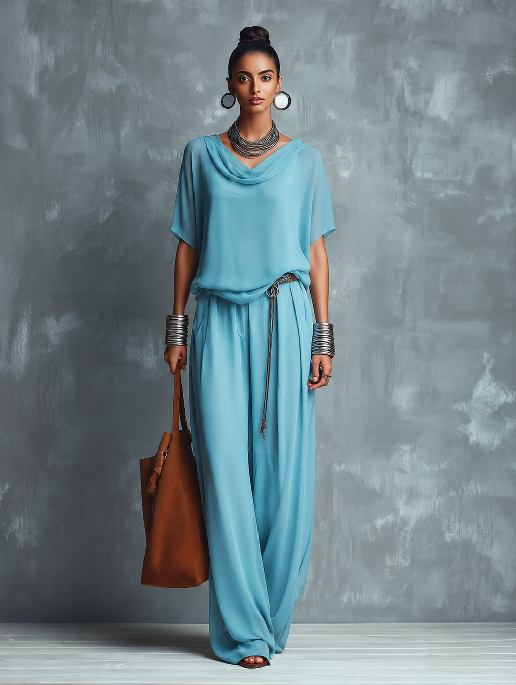 Women's Blue Chiffon Cowl-Neck Short-Sleeve Top And Wide-Leg Pants Set MDZ0317F0ZJW
