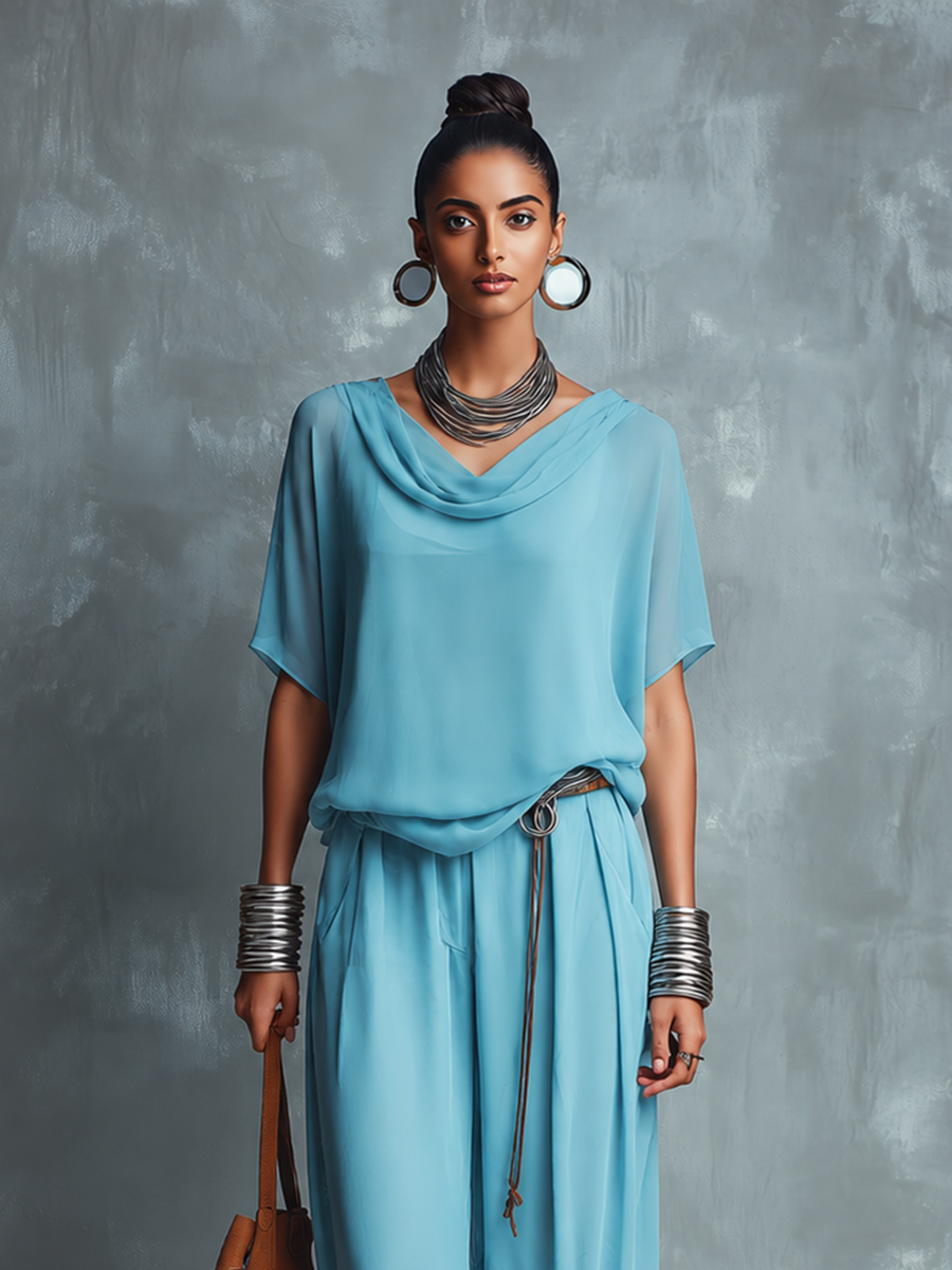 Women's Blue Chiffon Cowl-Neck Short-Sleeve Top And Wide-Leg Pants Set MDZ0317F0ZJW