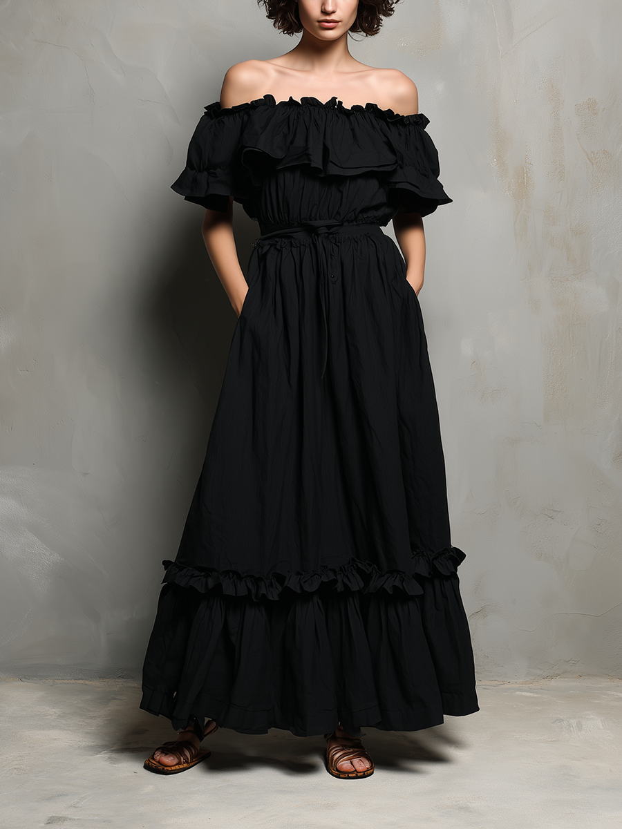 Women's Black Cotton-Linen Off-the-Shoulder Long A-Line Dress With Ruffles MDZ0382F3ZJW