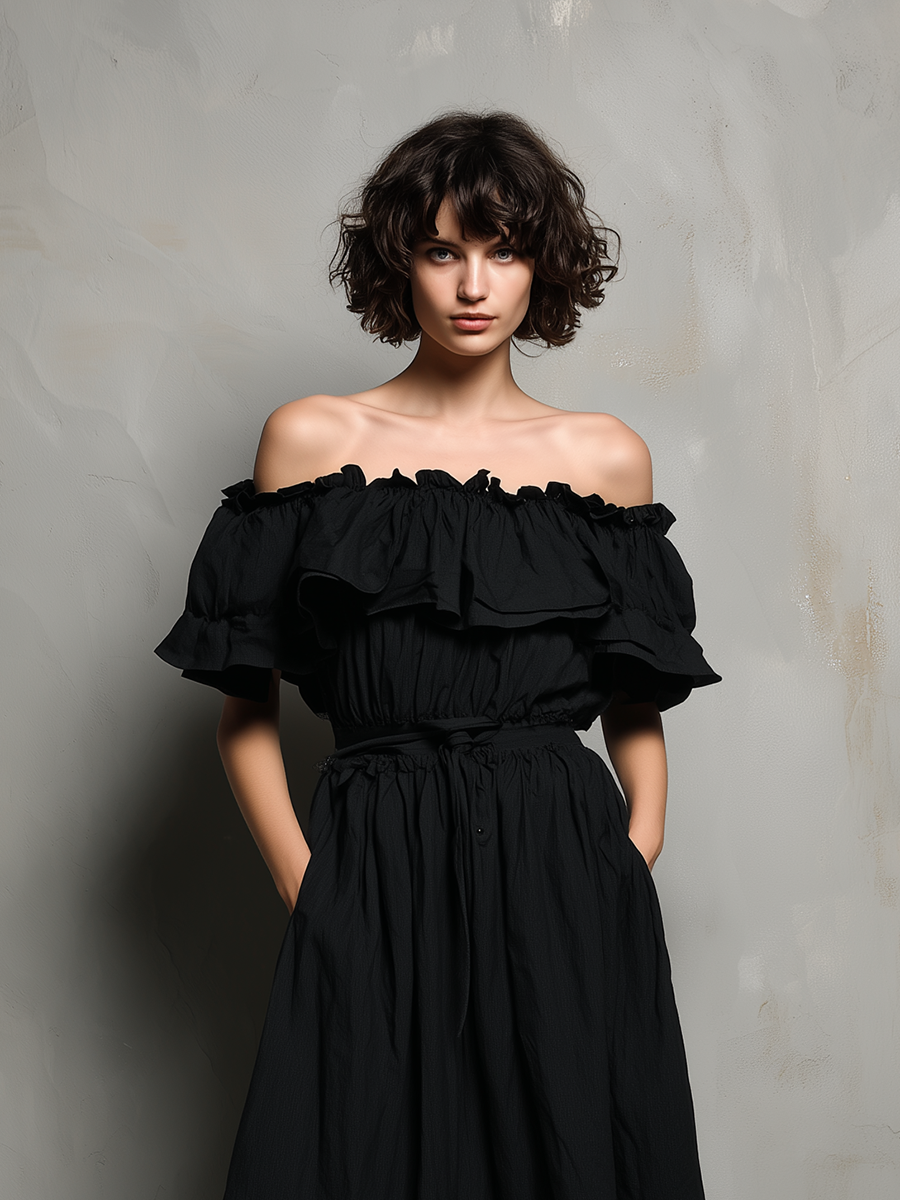 Women's Black Cotton-Linen Off-the-Shoulder Long A-Line Dress With Ruffles MDZ0382F3ZJW