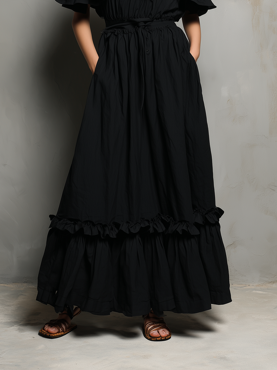 Women's Black Cotton-Linen Off-the-Shoulder Long A-Line Dress With Ruffles MDZ0382F3ZJW