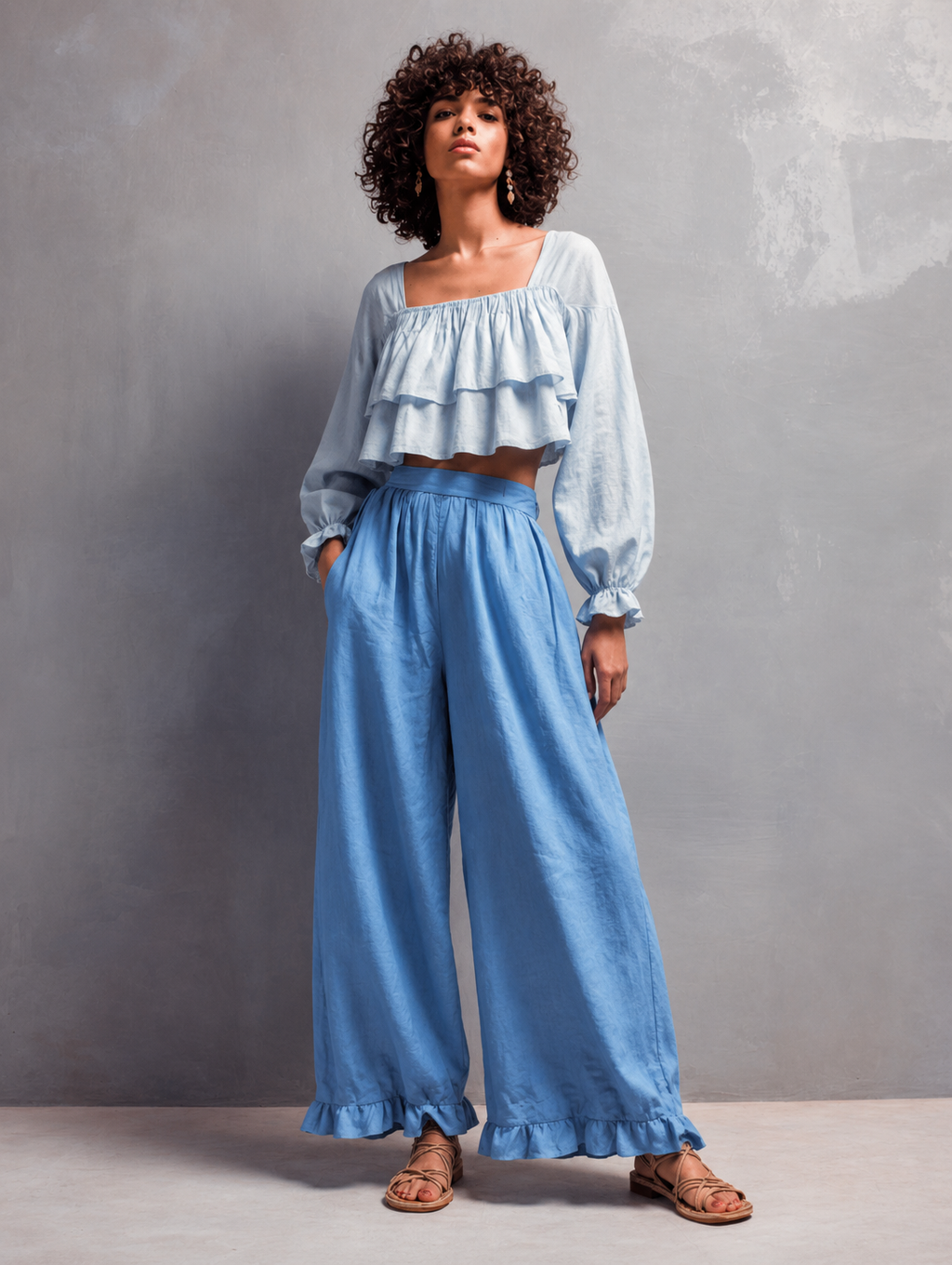 Women's Blue Cotton-Linen Set: Square-Neck, Puff-Sleeve Crop Top And Ruffled Wide-Leg Pants MDZ0398F7ZJW