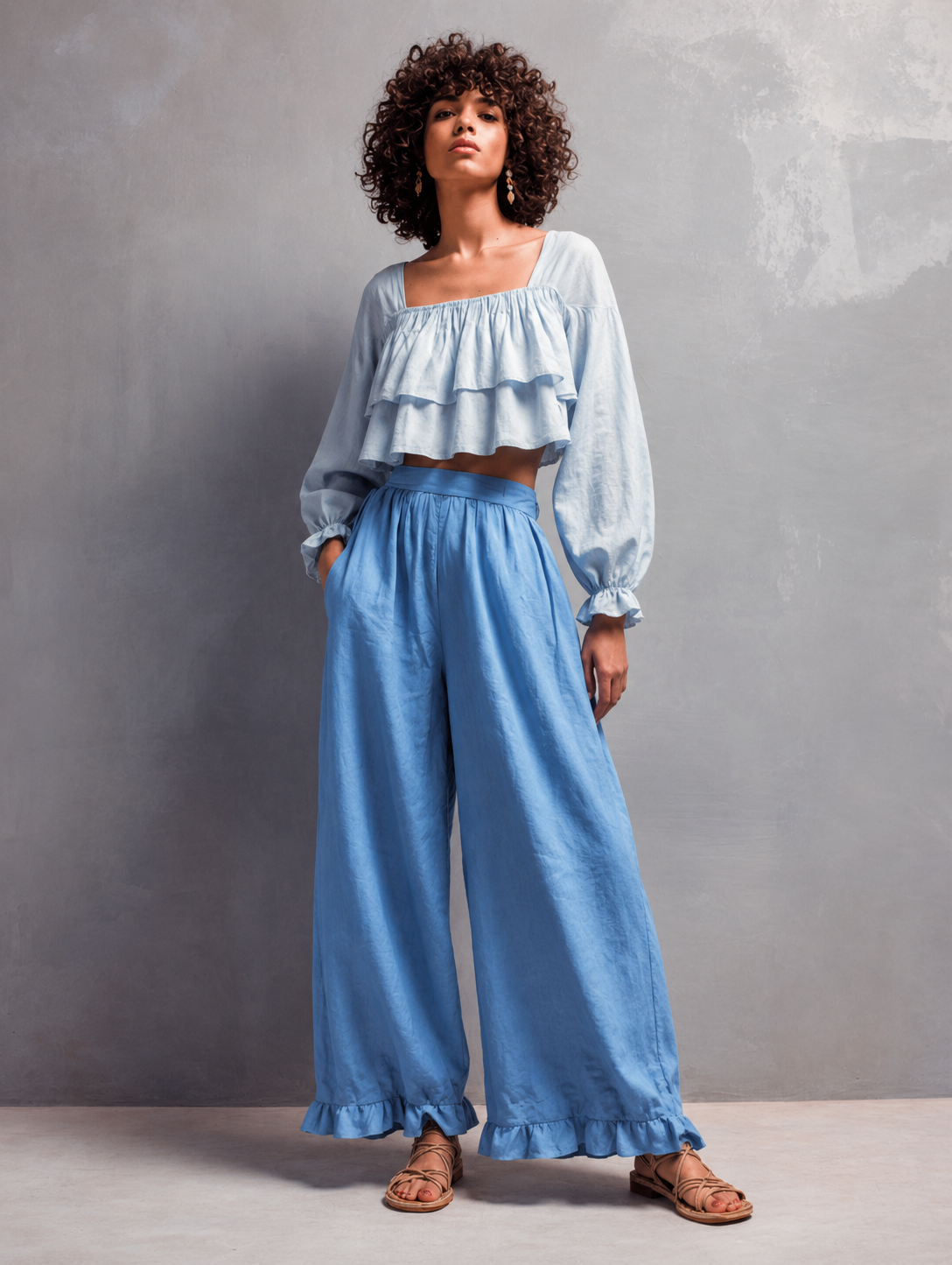 Women's Blue Cotton-Linen Set: Square-Neck, Puff-Sleeve Crop Top And Ruffled Wide-Leg Pants MDZ0398F7ZJW