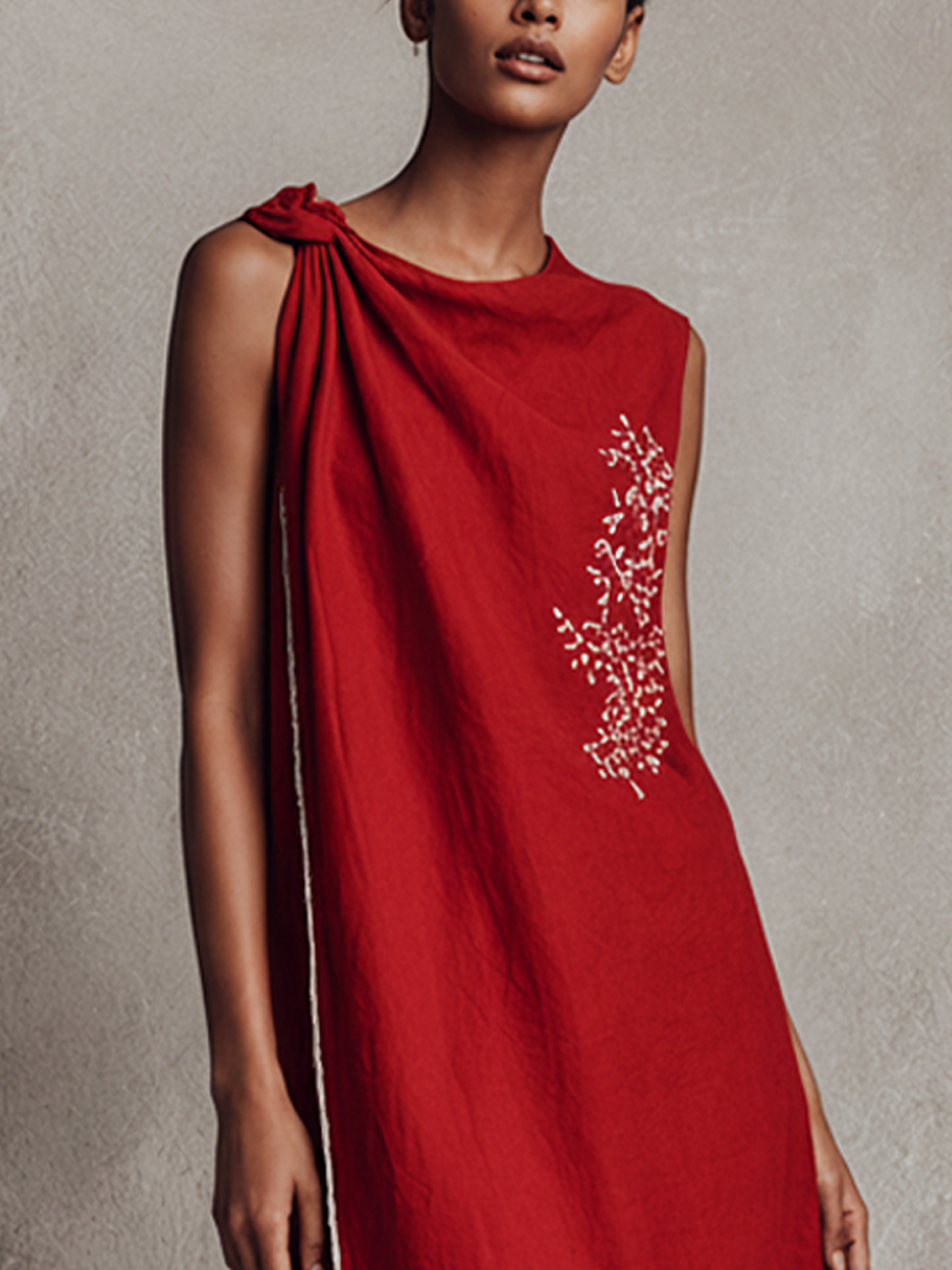 Women's Resort Style Red Cotton Linen Twisted Embroidery White Trim Maxi Dress MDZ0469F7GMJ