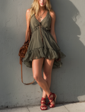 Women's Casual Olive Green Chiffon V-Neck Sleeveless Mini Dress MDZ0585F8LXY