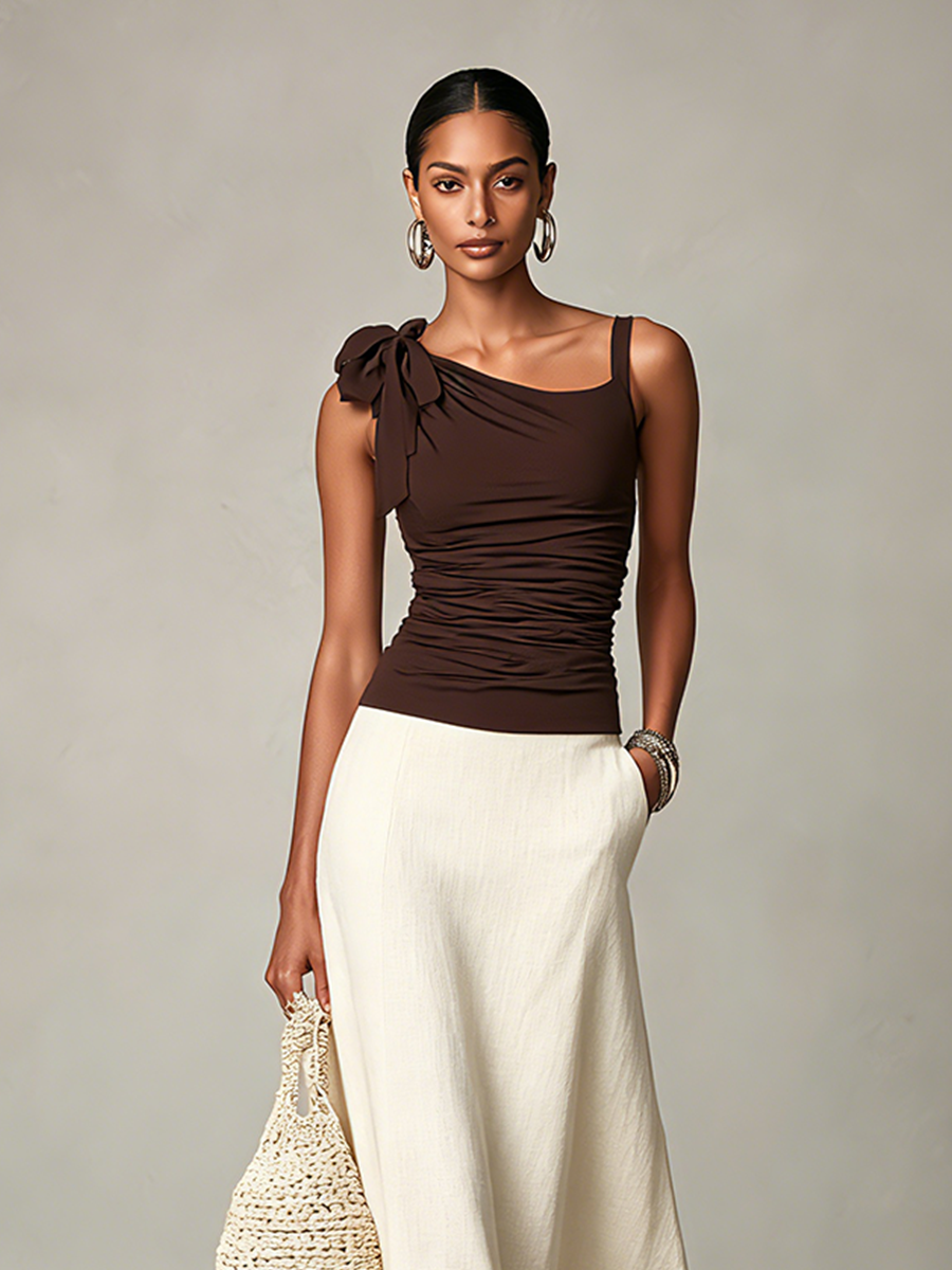 Women's Coffee Cream Contrast Fabric Co-Ord With Asymmetrical Bow Strap Blouse & Side Pocket Flared Linen Skirt, Modern Chic Daily Outfit MDZ0511F2LYL