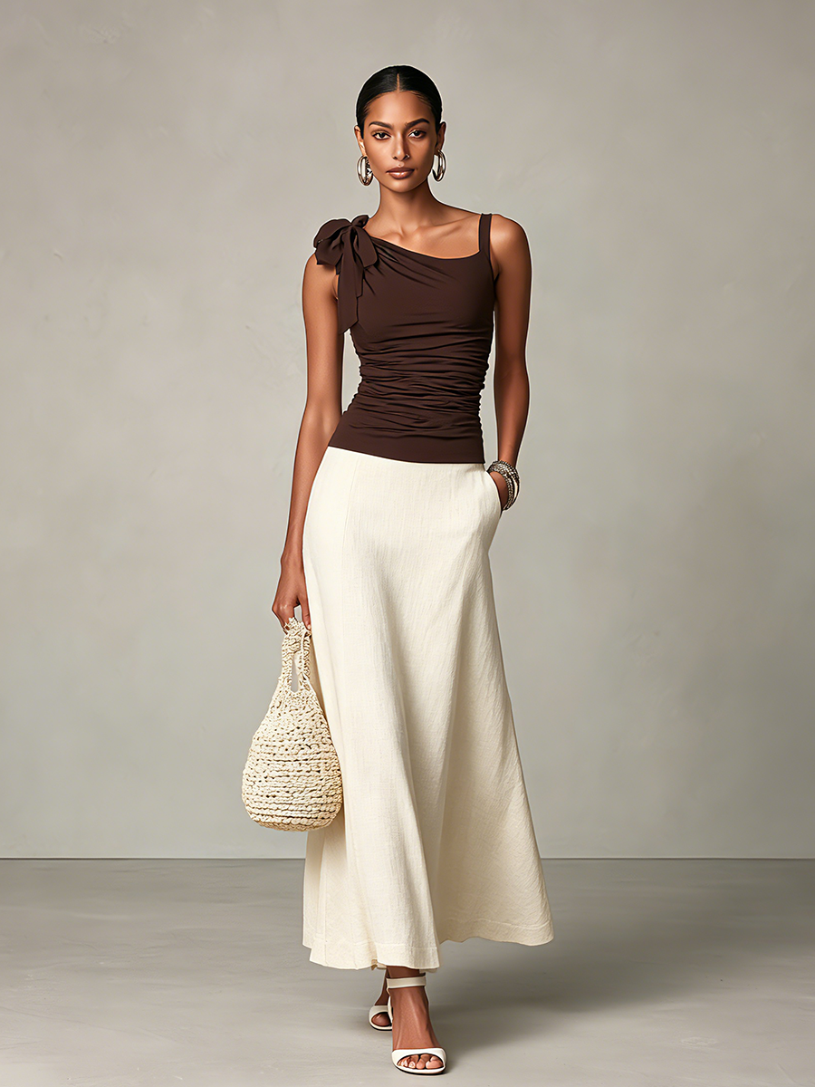 Women's Coffee Cream Contrast Fabric Co-Ord With Asymmetrical Bow Strap Blouse & Side Pocket Flared Linen Skirt, Modern Chic Daily Outfit MDZ0511F2LYL