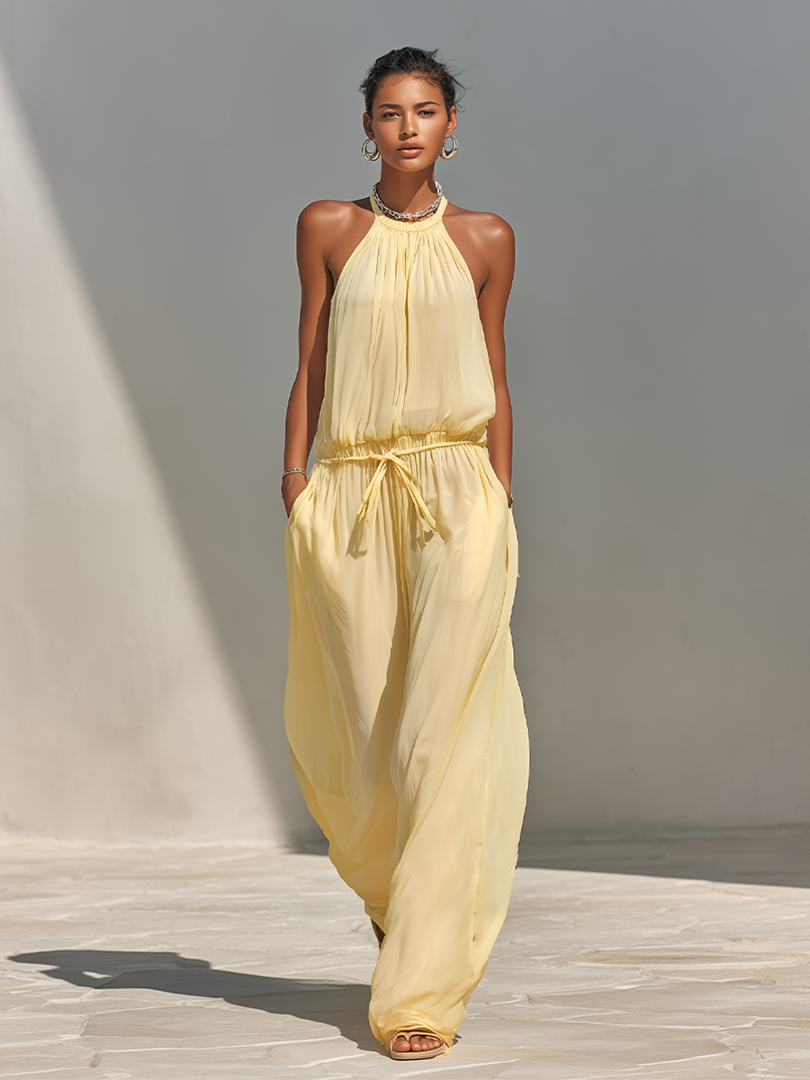 Women's Pale Yellow Chiffon Jumpsuit With Halter Neck & Drawstring Waist, Minimalist Casual Beach Jumpsuit MDZ0554F2LYL