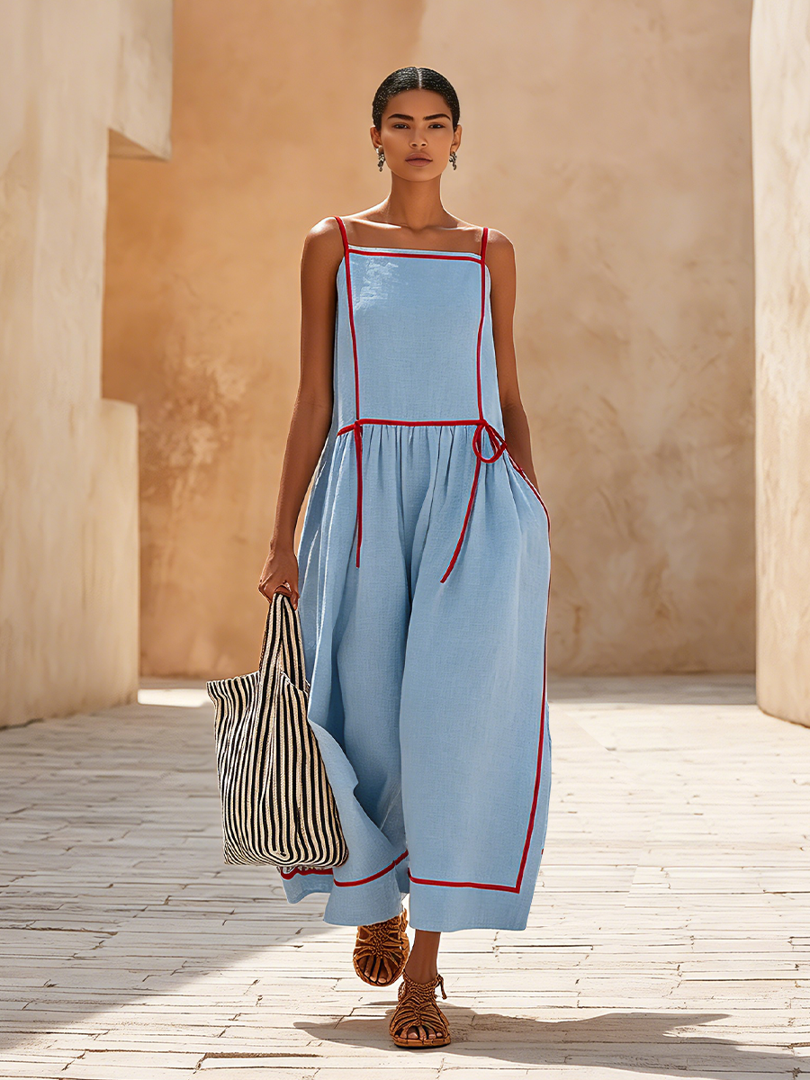 Women's Light Blue Linen-Blend Jumpsuit With Red Contrast Piping & Side Tie Detail, Minimalist Casual Resort Jumpsuit MDZ0542F5LYL
