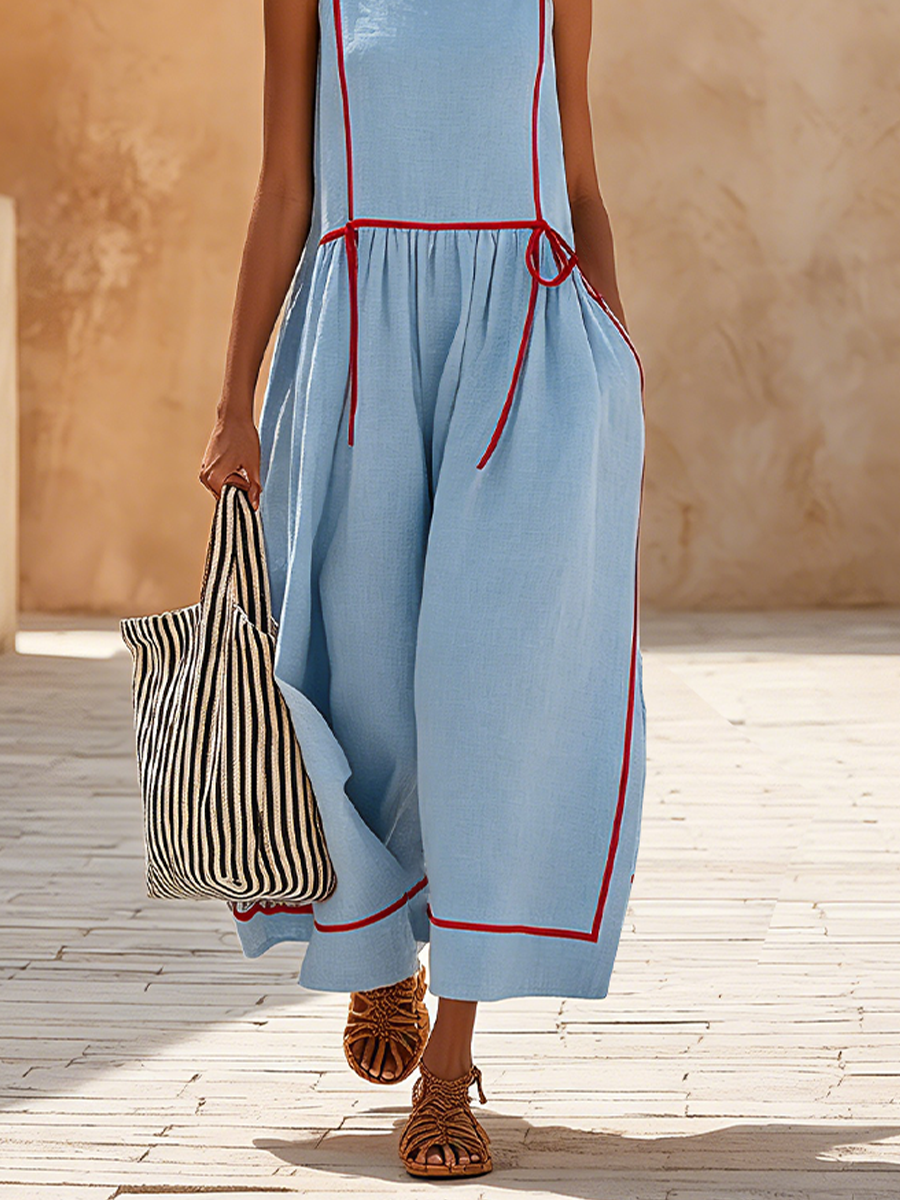 Women's Light Blue Linen-Blend Jumpsuit With Red Contrast Piping & Side Tie Detail, Minimalist Casual Resort Jumpsuit MDZ0542F5LYL