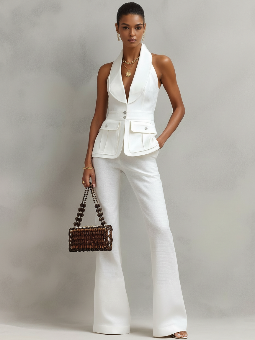 Women's Minimalist Linen-Blend Shawl-Collar Vest And Flared Trousers Set MDZ0536F4WY