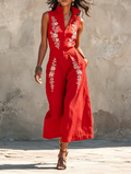 Women's Minimalist Linen-Blend Embroidered Sleeveless Stand-Collar Wide-Leg Jumpsuit MDZ0548F7WY
