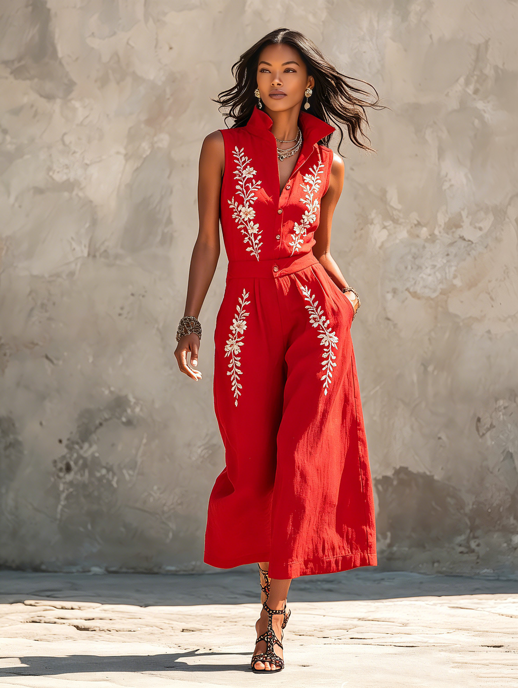 Women's Minimalist Linen-Blend Embroidered Sleeveless Stand-Collar Wide-Leg Jumpsuit MDZ0548F7WY