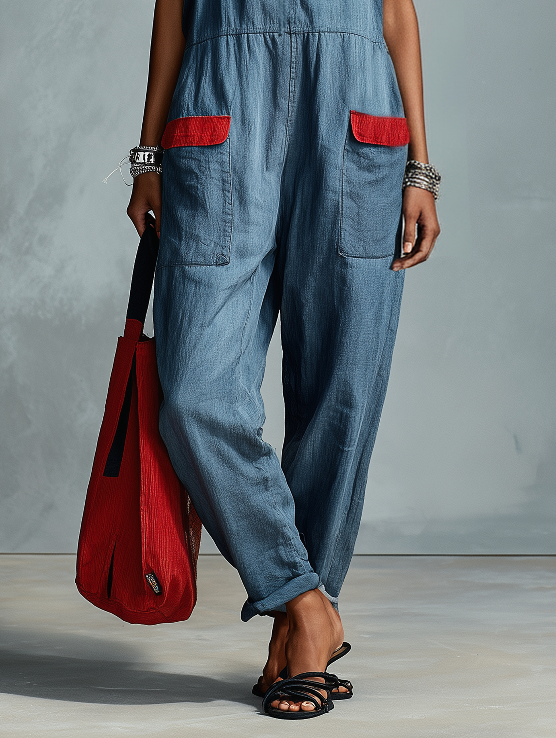 Women's Minimalist Color-Block Linen-Blend Overalls MDZ0584F6WY