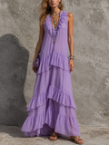 Women's Casual Vacation Style Light Purple Chiffon Ruffled V-Neck Sleeveless Irregular Long Dress MDZ0505F5GMJ