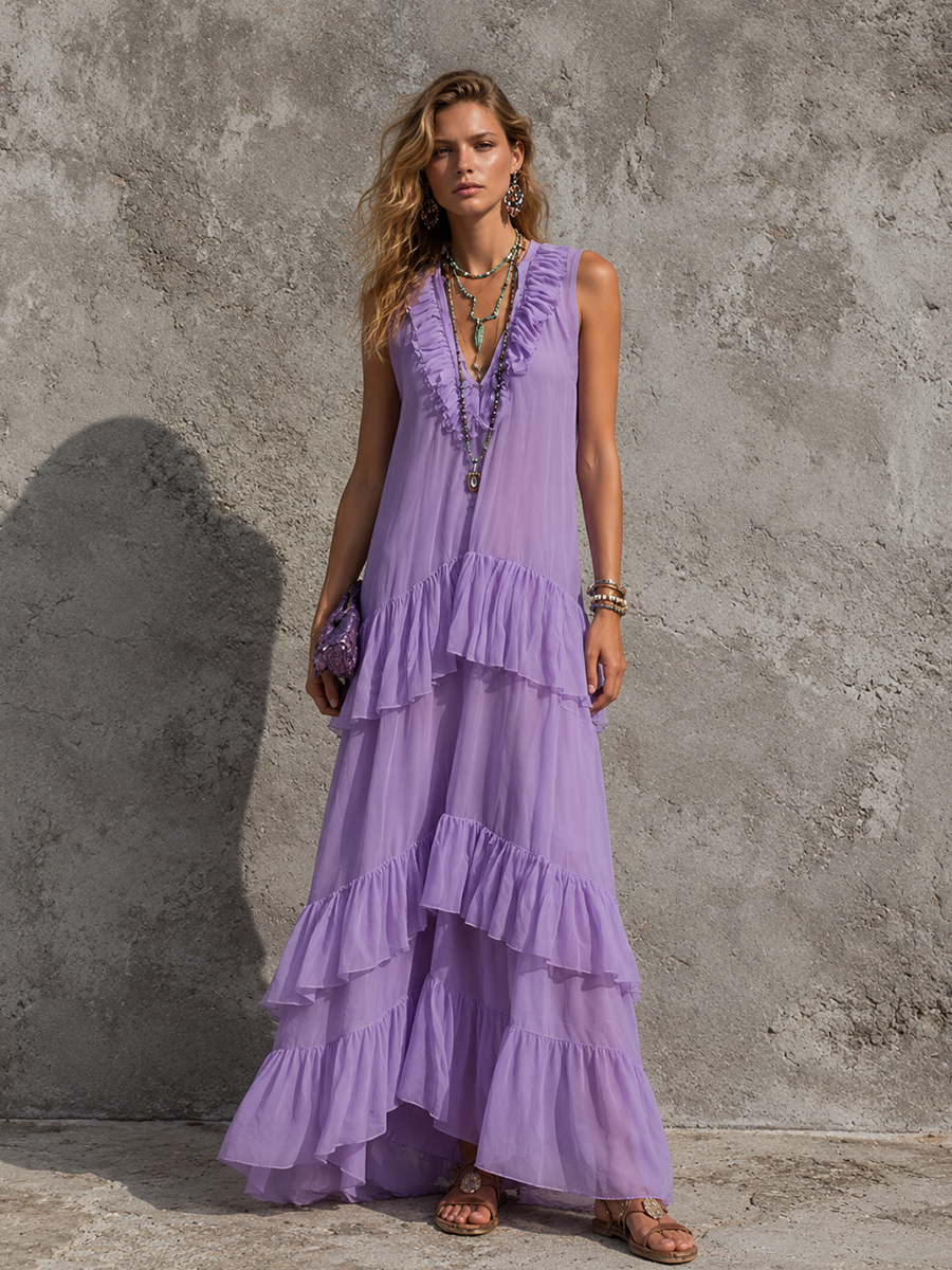 Women's Casual Vacation Style Light Purple Chiffon Ruffled V-Neck Sleeveless Irregular Long Dress MDZ0505F5GMJ